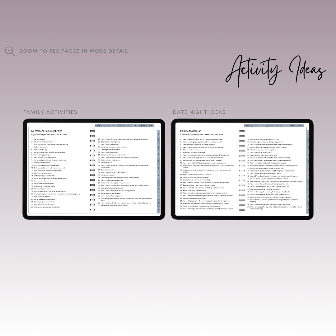 Planner with family activity ideas