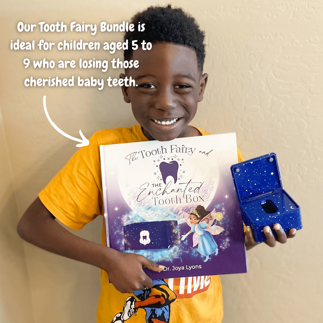 Smiling child holding Tooth Fairy bundle